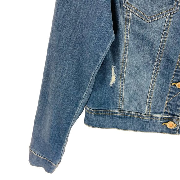 Distressed denim Jean Jacket women in med Wash Blue size medium WAX JEAN - Picture 7 of 16